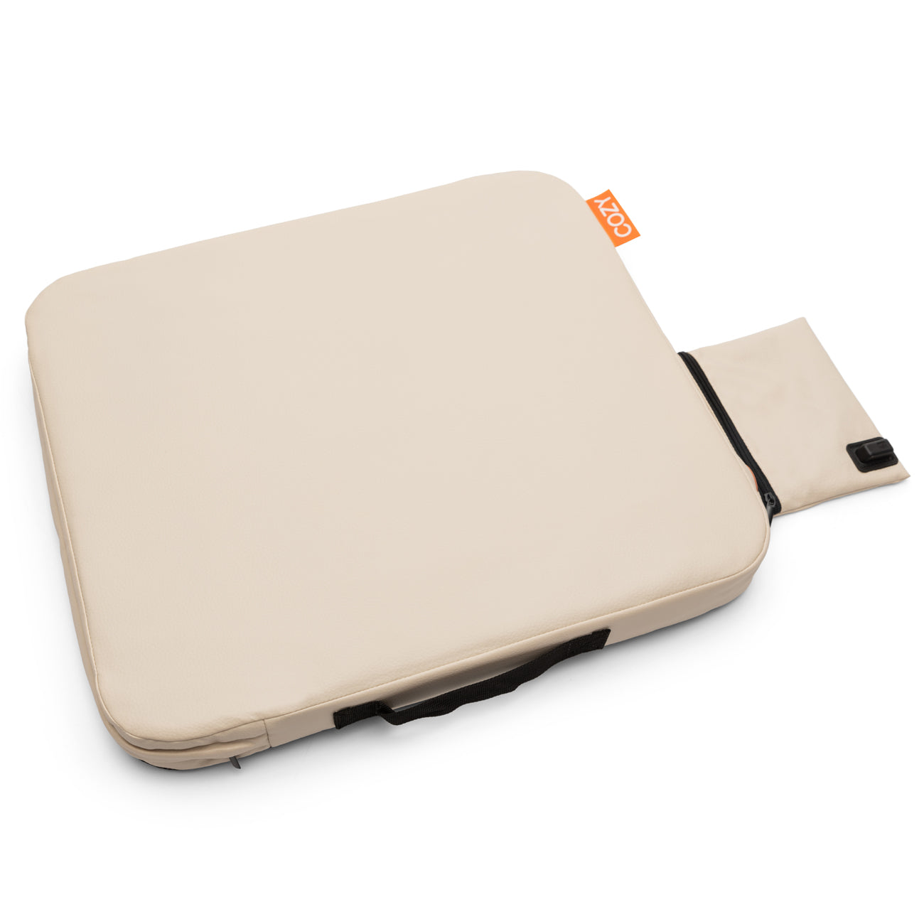 The COZY Cordless Heated Seat Pad - JORD by Cozy Cushion EU is a beige, square-shaped rechargeable cushion with a small attached pouch and orange tag, shown on a white background.