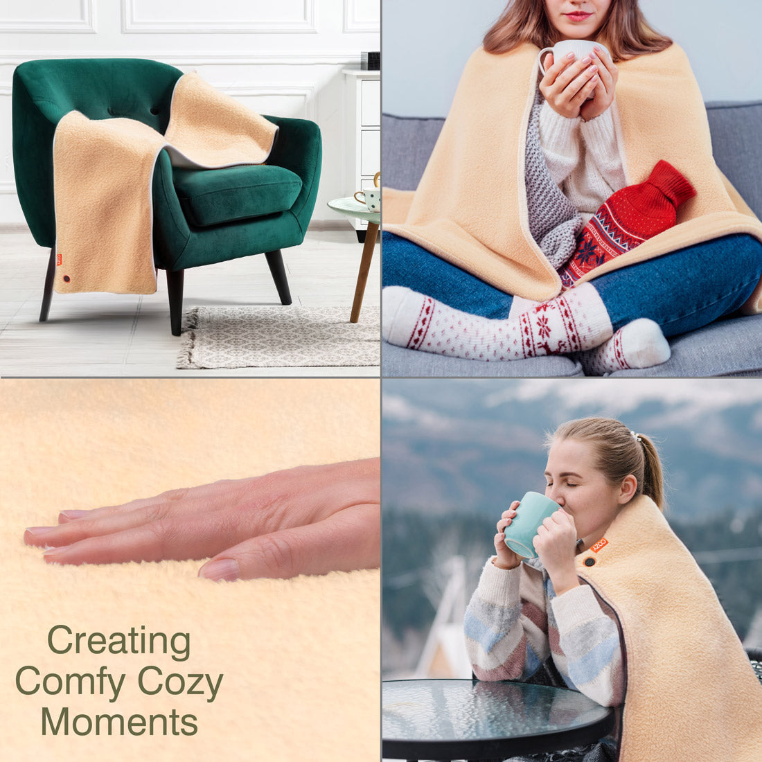 A collage displays the COZY Heated Throw & Seat Cover Pad by Cozy Cushion EU: draped on a green chair, a woman in winter gear with a hot water bottle under the throw, a hand touching it, and another woman sipping from a mug outdoors. Creating Comfy Cozy Moments.