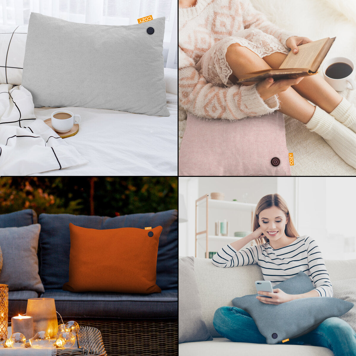 A collage of four images featuring the Cozy Cushion COZY Heated Cushion Cordless - TOVE (60cm x 45cm): on a bed with coffee, used for reading, outdoors in orange, and held by a smiling woman. Brand: Cozy Cushion.