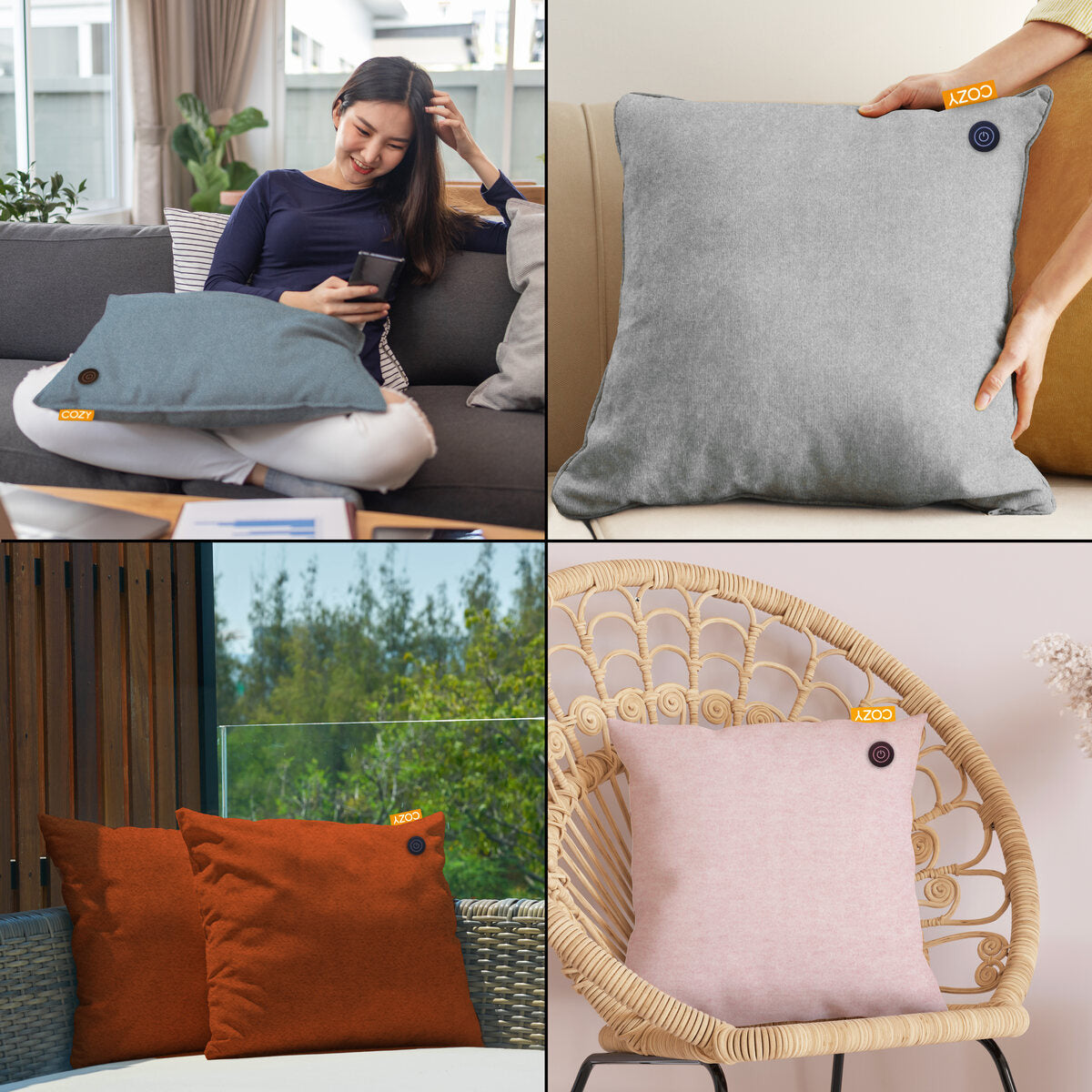 A collage of four images features the COZY Heated Cushion Cordless - UNA Knitted (45cm x 45cm) by Cozy Cushion EU in blue, gray, orange, and pink, each with a small logo tag. The cushions are shown on chairs and a bench in relaxed settings.