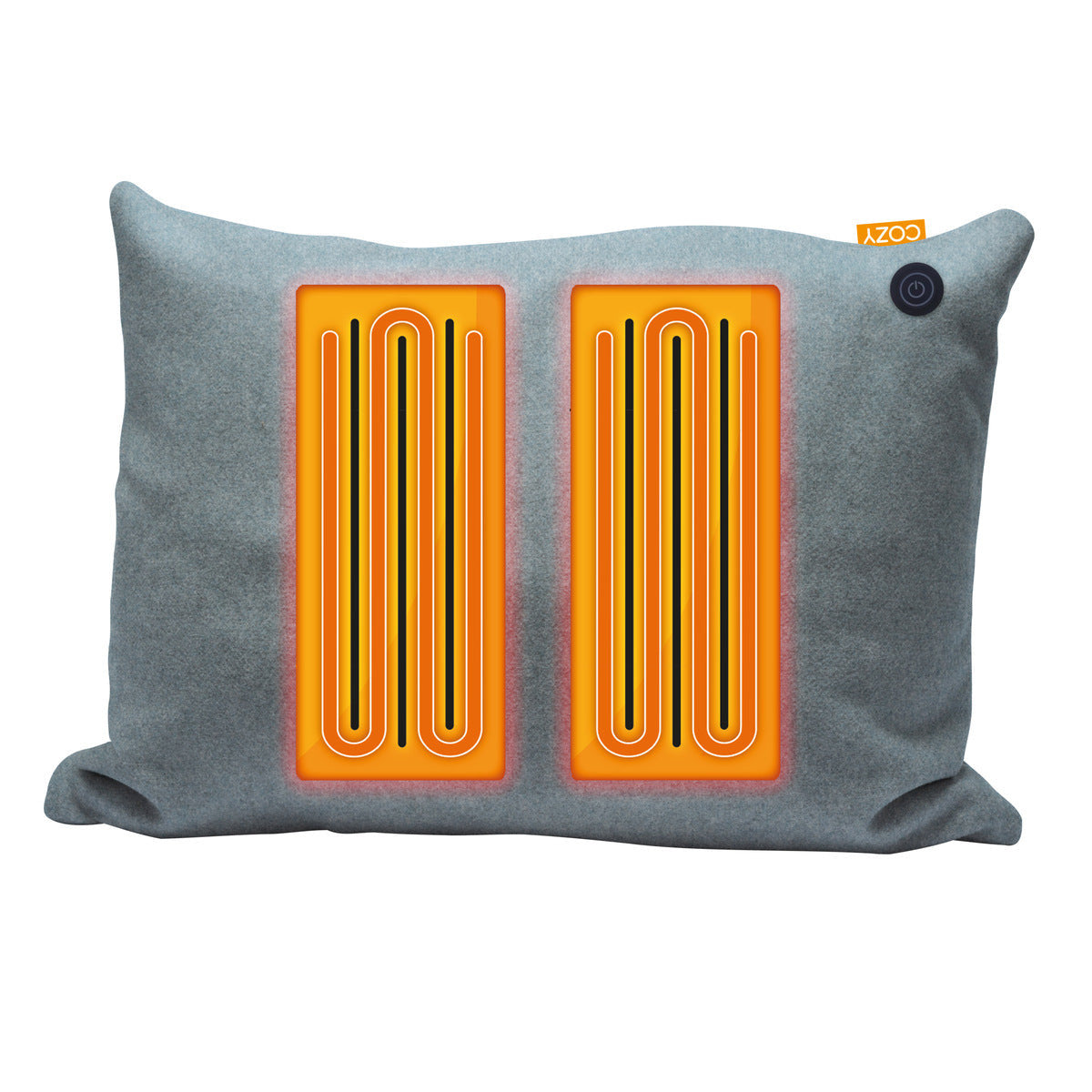 The COZY Heated Cushion Cordless - TOVE by Cozy Cushion EU is a gray, rectangular (60cm x 45cm) heated cushion with two visible orange heating elements and a small black button in the upper right corner.