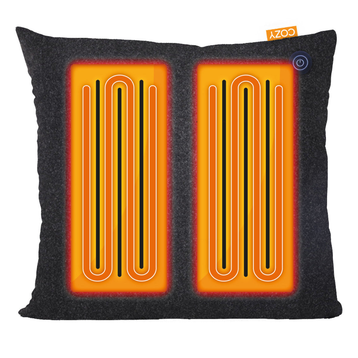 The COZY Heated Cushion Cordless - UNA (45cm x 45cm) by Cozy Cushion EU is a square black cushion featuring two orange rectangular heating elements on the front, a top-right power button, and a COZY label, delivering warmth with advanced infrared technology.