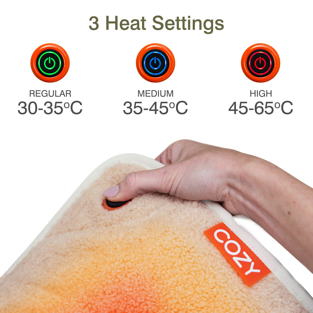 A hand presses a button on the COZY Heated Throw & Seat Cover Pad - JORV by Cozy Cushion EU, an eco-friendly pad. Icons above show 3 heat settings: Regular (30-35°C), Medium (35-45°C), and High (45-65°C).