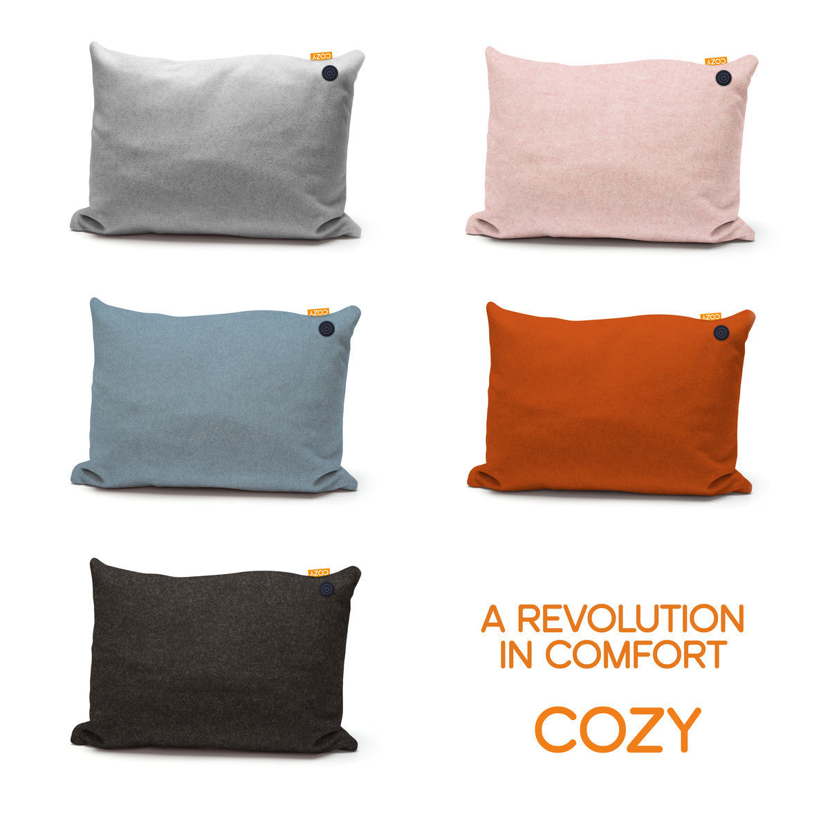 Five rectangular COZY Heated Cushion Cordless - TOVE (60cm x 45cm) pillows from Cozy Cushion in gray, light pink, light blue, orange, and dark gray are shown on a white background. Text reads “A REVOLUTION IN COMFORT COZY” in orange.