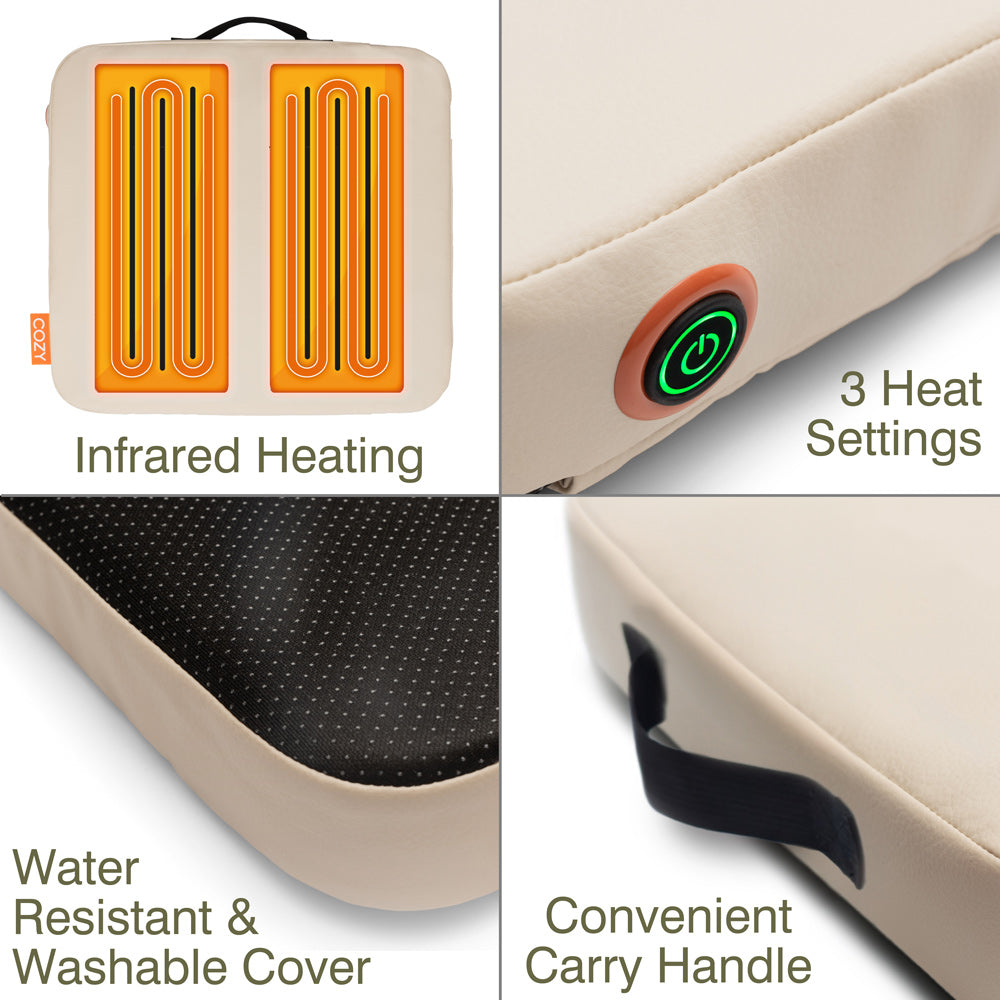 Four-panel image of the COZY Cordless Heated Seat Pad - JORD by Cozy Cushion EU: orange infrared heating, power button for 3 heat settings, black water-resistant washable cover, and a black carry handle. Text highlights each portable feature.