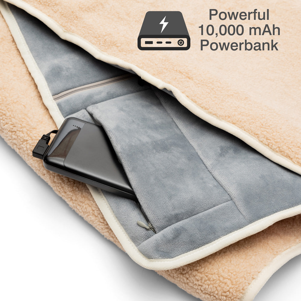 A close-up of the COZY Heated Throw & Seat Cover Pad - JORV by Cozy Cushion EU, showing its soft fleece and zippered pocket with a black power bank. Text reads: Powerful 10,000 mAh Powerbank with a graphic above it.
