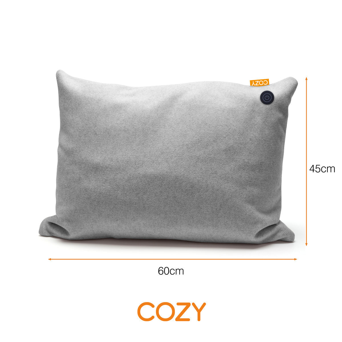 The COZY Heated Cushion Cordless - TOVE (60cm x 45cm) by Cozy Cushion EU is a gray rectangular pillow with an orange tag and small black button, offering rechargeable heated comfort.