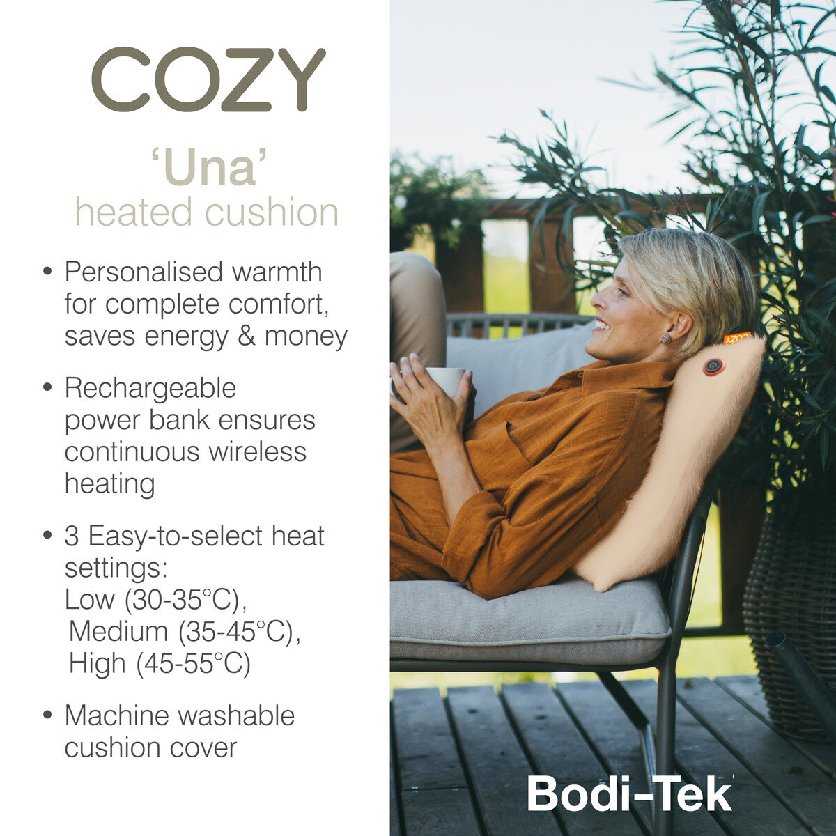A smiling woman relaxes outdoors, resting her neck on the Cozy Cushion EU COZY Heated Cushion Cordless - UNA Faux Fur. Text highlights adjustable warmth, a washable 45x45cm cover, and a rechargeable battery for portable comfort.