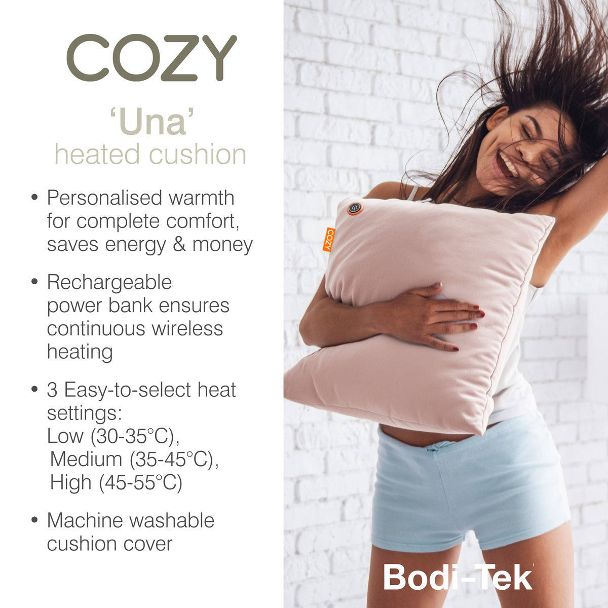 A smiling woman hugs the COZY Heated Cushion Cordless - UNA Velvet (45cm x 45cm) by Cozy Cushion EU, featuring personalised warmth, a rechargeable power bank, three heat settings (30–55°C), and a machine-washable cover.