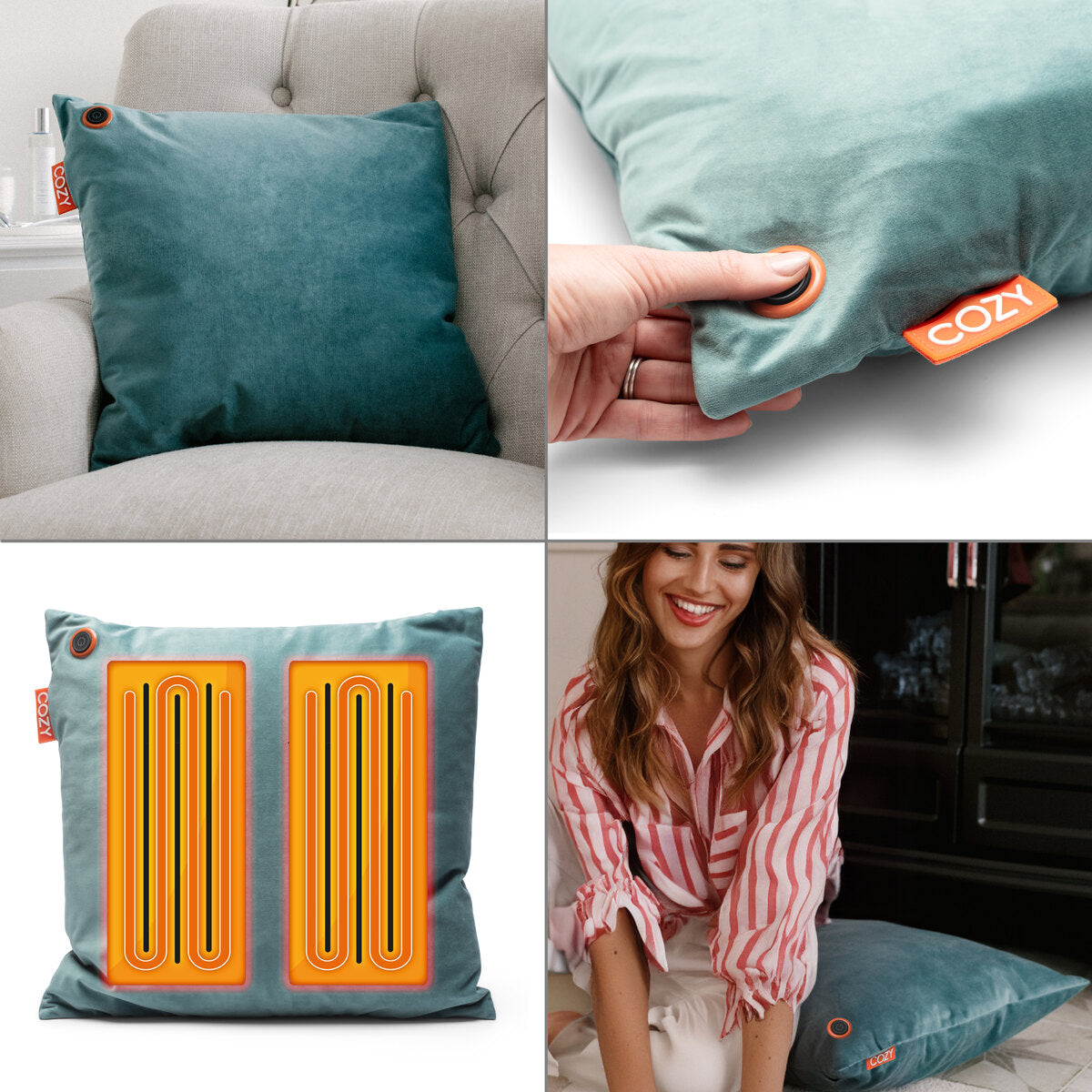 A collage shows the COZY Heated Cushion Cordless - UNA Velvet (45cm x 45cm) by Cozy Cushion EU on a beige chair, an orange “COZY” tag, visible orange heating elements on the back, and a smiling woman sitting nearby.