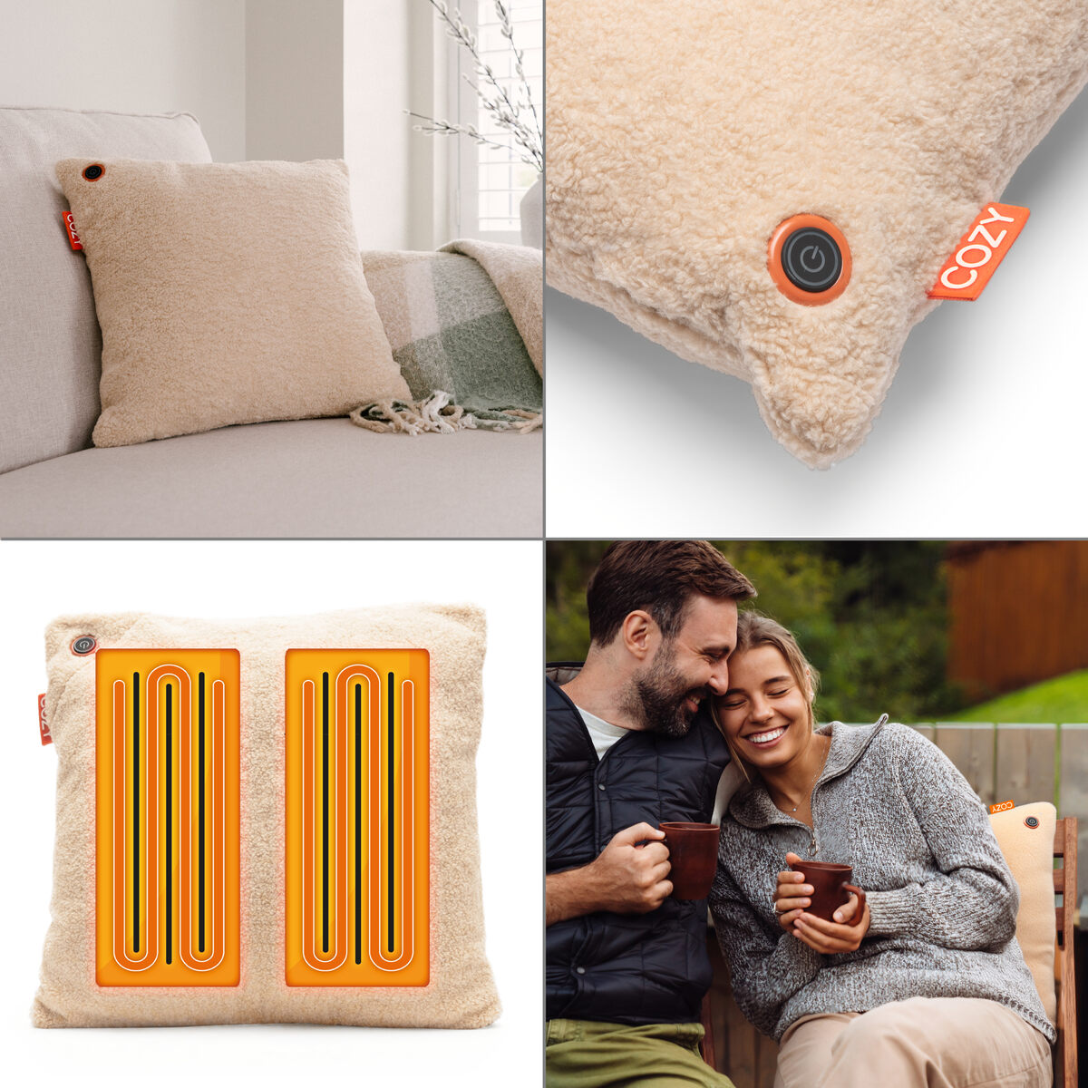 A collage shows the COZY Heated Cushion Cordless - UNA (45cm x 45cm) by Cozy Cushion EU on a couch, a close-up of its power button, its back with heating elements, and a smiling couple outdoors with mugs and the cushion behind them.