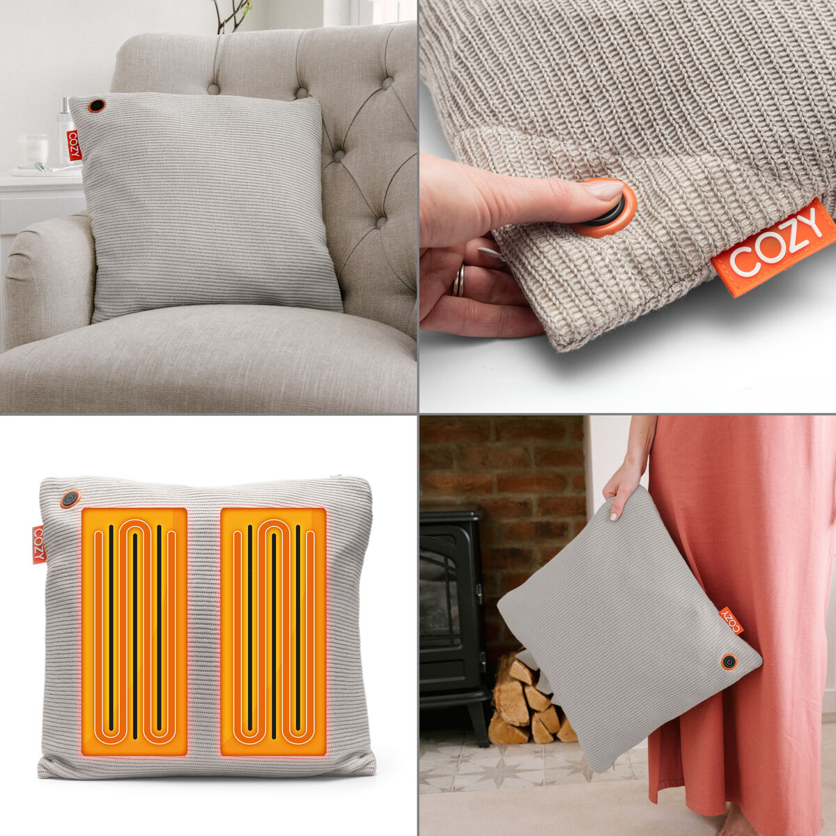 Collage shows the COZY Heated Cushion Cordless - UNA Knitted (45cm x 45cm) by Cozy Cushion EU in gray, with close-ups of an orange button, visible orange heating elements, and someone holding the cordless cushion near a fireplace.