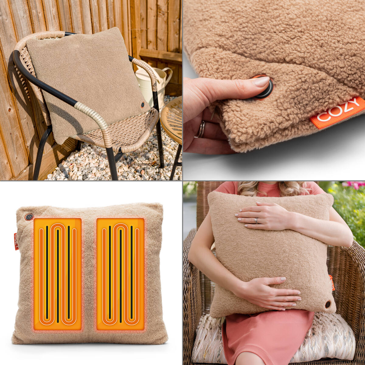 A collage features the COZY Heated Cushion Cordless - UNA by Cozy Cushion EU (45cm x 45cm) on a chair, a hand pressing its button, infrared-powered heating elements, and someone hugging the cushion outdoors.