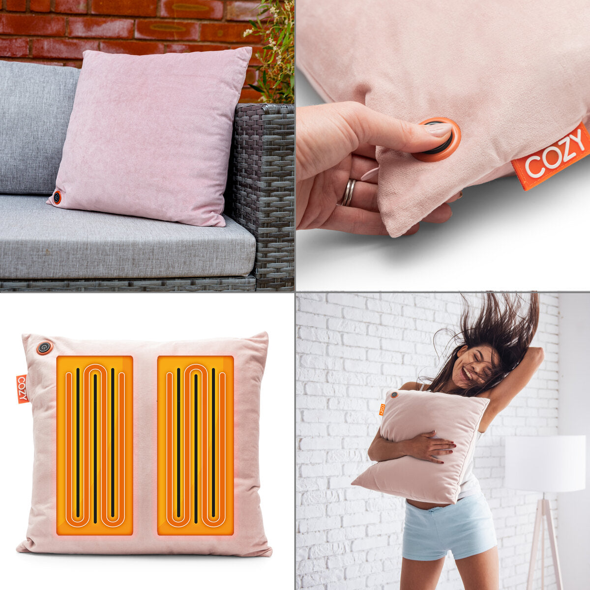 A collage shows the COZY Heated Cushion Cordless - UNA (45cm x 45cm) by Cozy Cushion EU: pink on a couch, a hand pressing its button, visible orange heating elements, and a woman happily hugging it in a bright room.