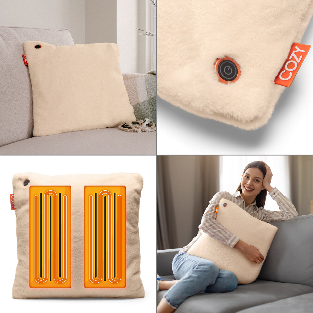 A woman smiles while hugging the COZY Heated Cushion Cordless - UNA Faux Fur (45cm x 45cm) by Cozy Cushion EU, a cream-colored, rechargeable cushion with internal heating elements and a visible power button.