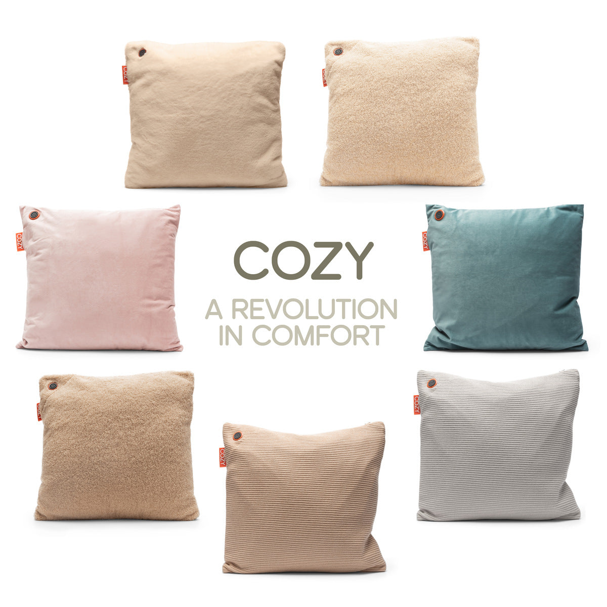 Seven COZY Heated Cushion Cordless - UNA Faux Fur (45cm x 45cm) pillows by Cozy Cushion EU, in soft neutrals and pastels, form a circle around COZY A REVOLUTION IN COMFORT on white; each has a small red tag.
