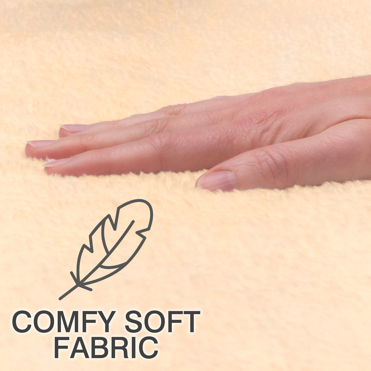 A hand touches a fluffy, cream-colored fabric. An illustrated feather and the words ‘COMFY SOFT FABRIC’ highlight the softness of the COZY Heated Throw & Seat Cover Pad by Cozy Cushion EU—an eco-friendly comfort essential.