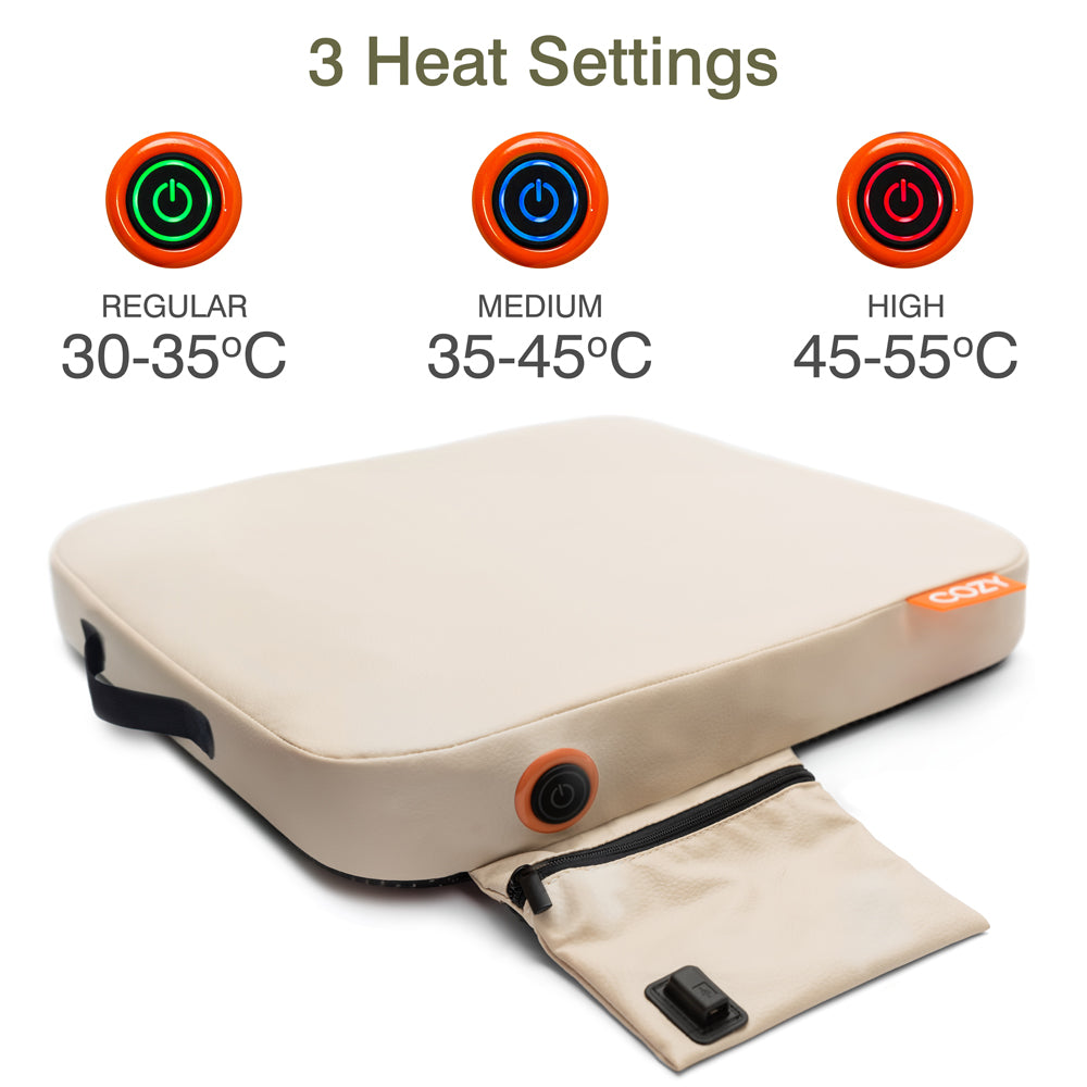 The COZY Cordless Heated Seat Pad - JORD by Cozy Cushion EU is a beige portable seat with a zippered pouch and three heat settings (30-35°C, 35-45°C, 45-55°C), each shown by colored power icons above the heated pad.