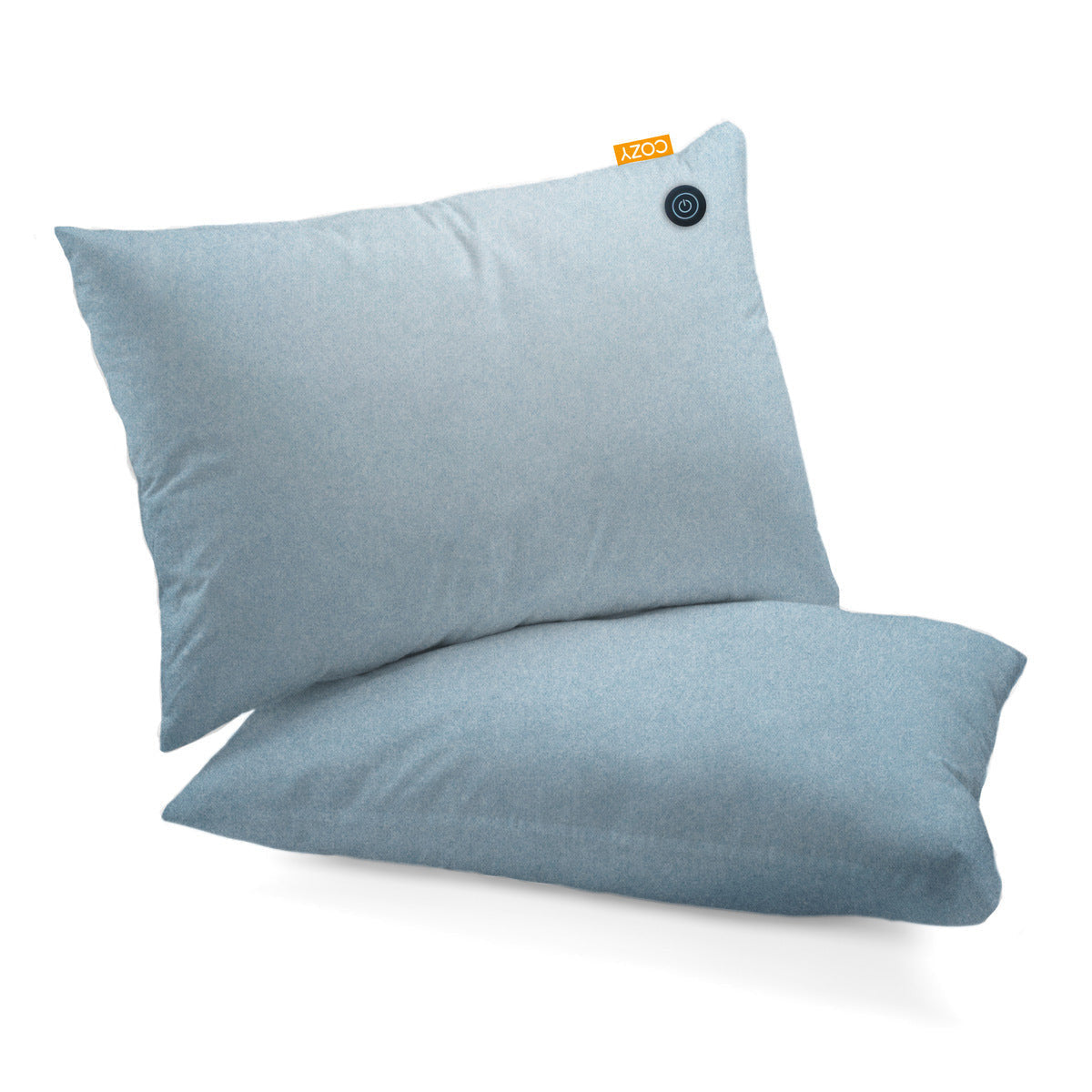 Two light grey COZY Heated Cushion Cordless - TOVE (60cm x 45cm) pillows by Cozy Cushion are stacked, with the upright one featuring a rechargeable battery, small round black button, and an orange tag at the top right corner.