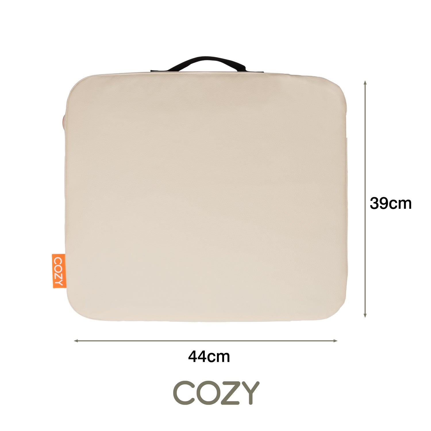 The COZY Cordless Heated Seat Pad - JORD by Cozy Cushion EU is a rectangular beige cushion (44cm x 39cm) with a black top handle, orange side fabric tag, and COZY printed at the bottom. This seat pad is cordless for convenient heating anywhere.