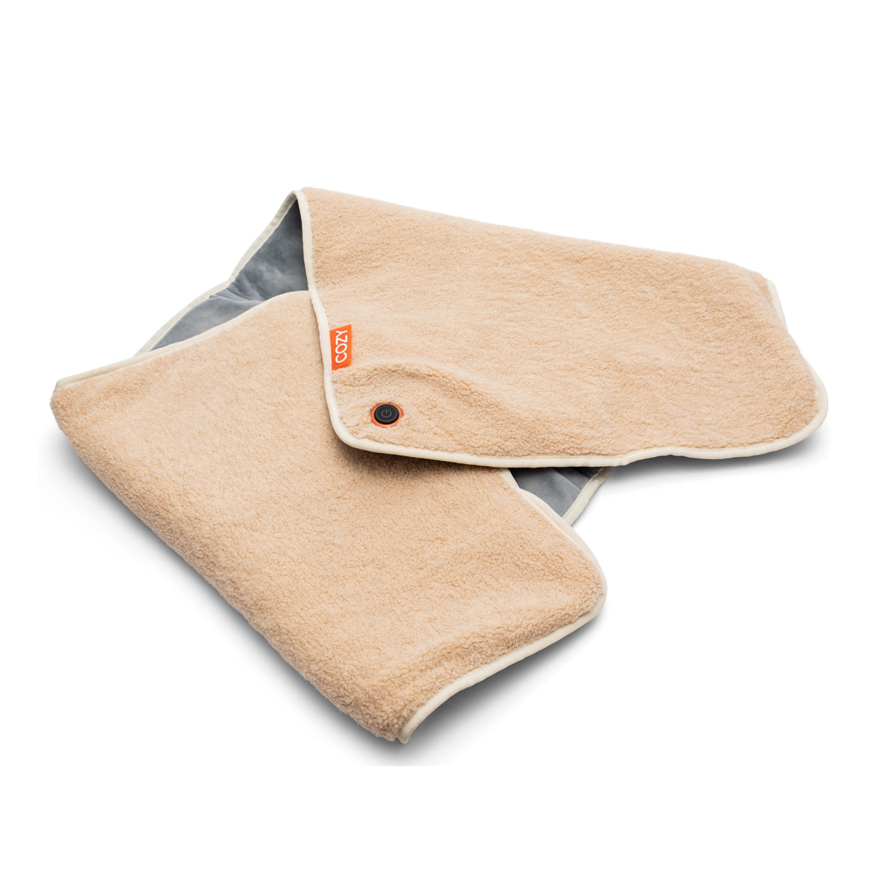 The COZY Heated Throw & Seat Cover Pad by Cozy Cushion EU—beige, soft fleece with a button and orange tag—offers eco-friendly heating for any space when folded or wrapped on a white background.