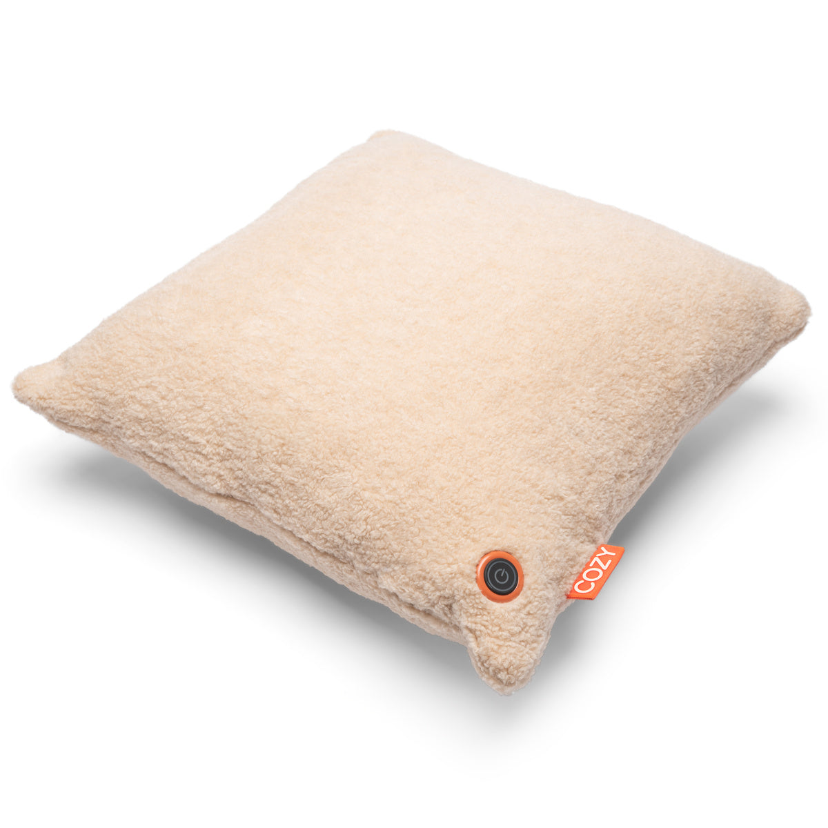 The COZY Heated Cushion Cordless - UNA Woolly (45cm x 45cm) by Cozy Cushion EU is a soft, square beige pillow with textured wool, a circular button, and an orange COZI tag, using infrared tech for cordless warmth.