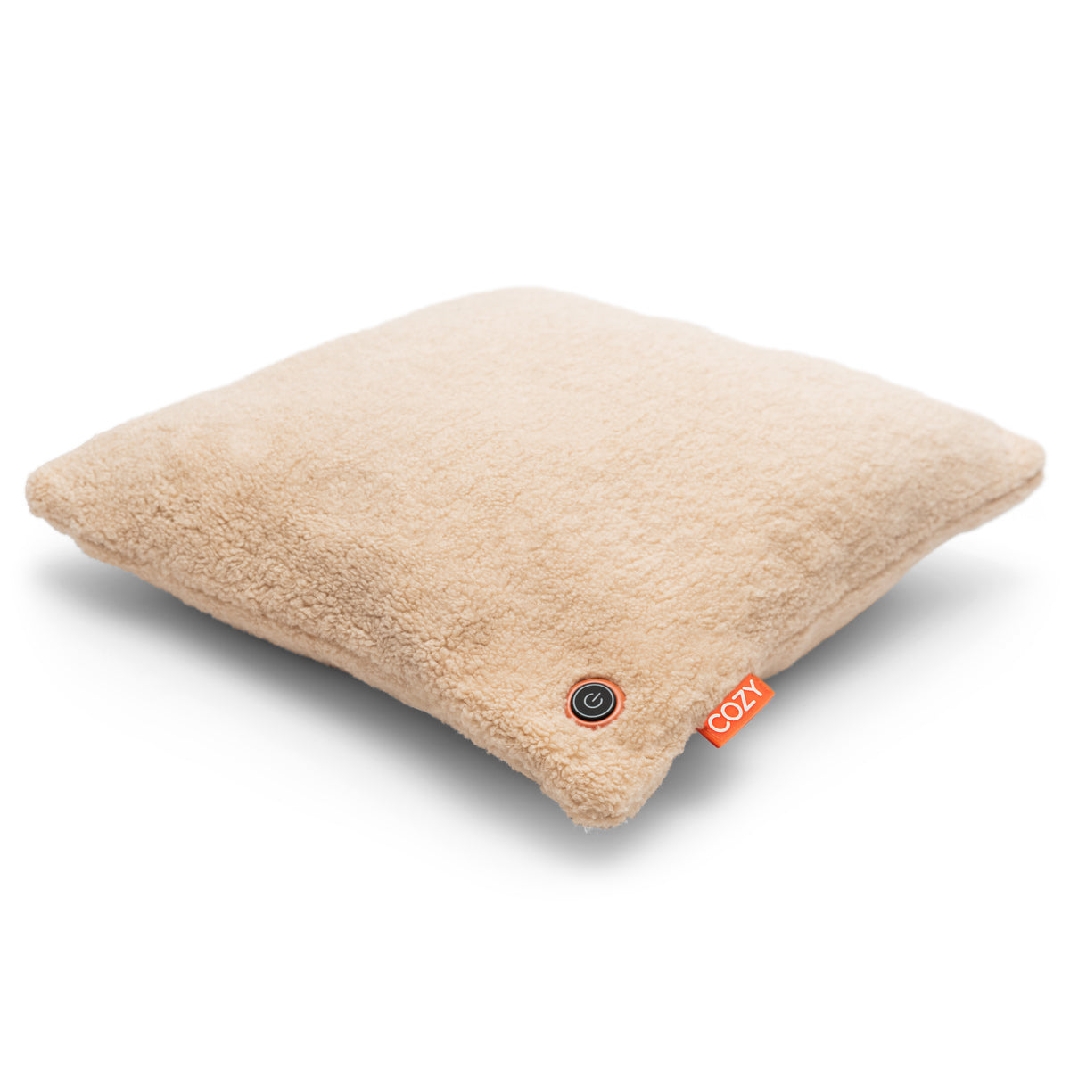 The COZY Heated Cushion Cordless - UNA Woolly by Cozy Cushion EU is a soft, beige, square (45cm x 45cm) pillow featuring a round button and an orange COZY tag, providing cordless warmth and comfort anywhere.
