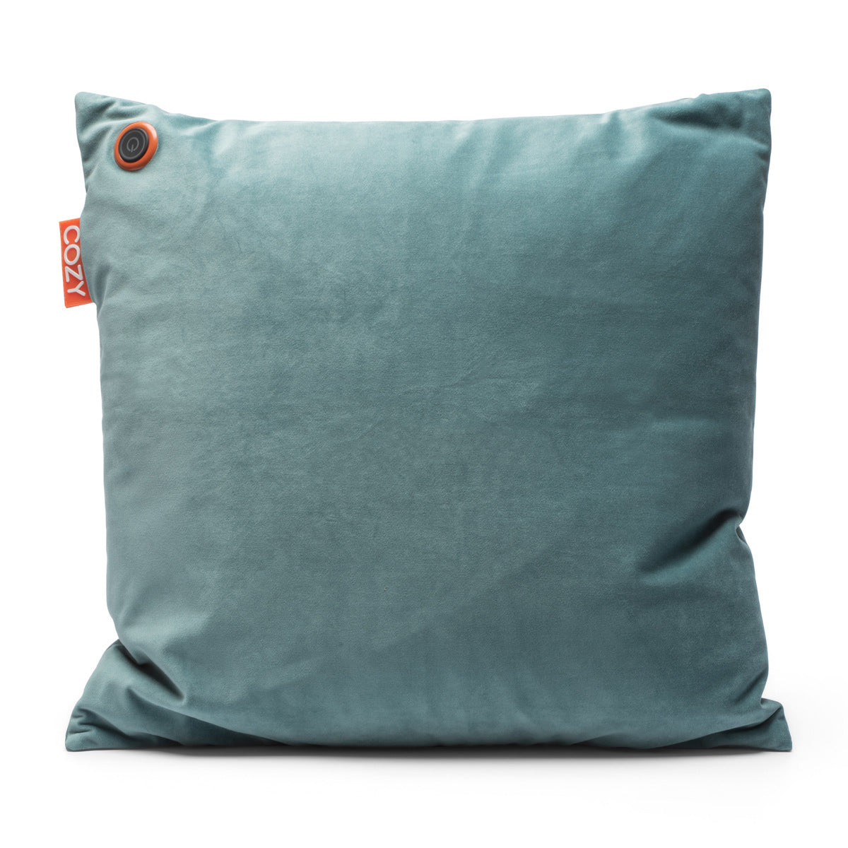 The COZY Heated Cushion Cordless - UNA Velvet (45cm x 45cm) by Cozy Cushion EU is a square, teal velvet cushion featuring a red COZY tag and a small circular button in one corner, shown against a white background.