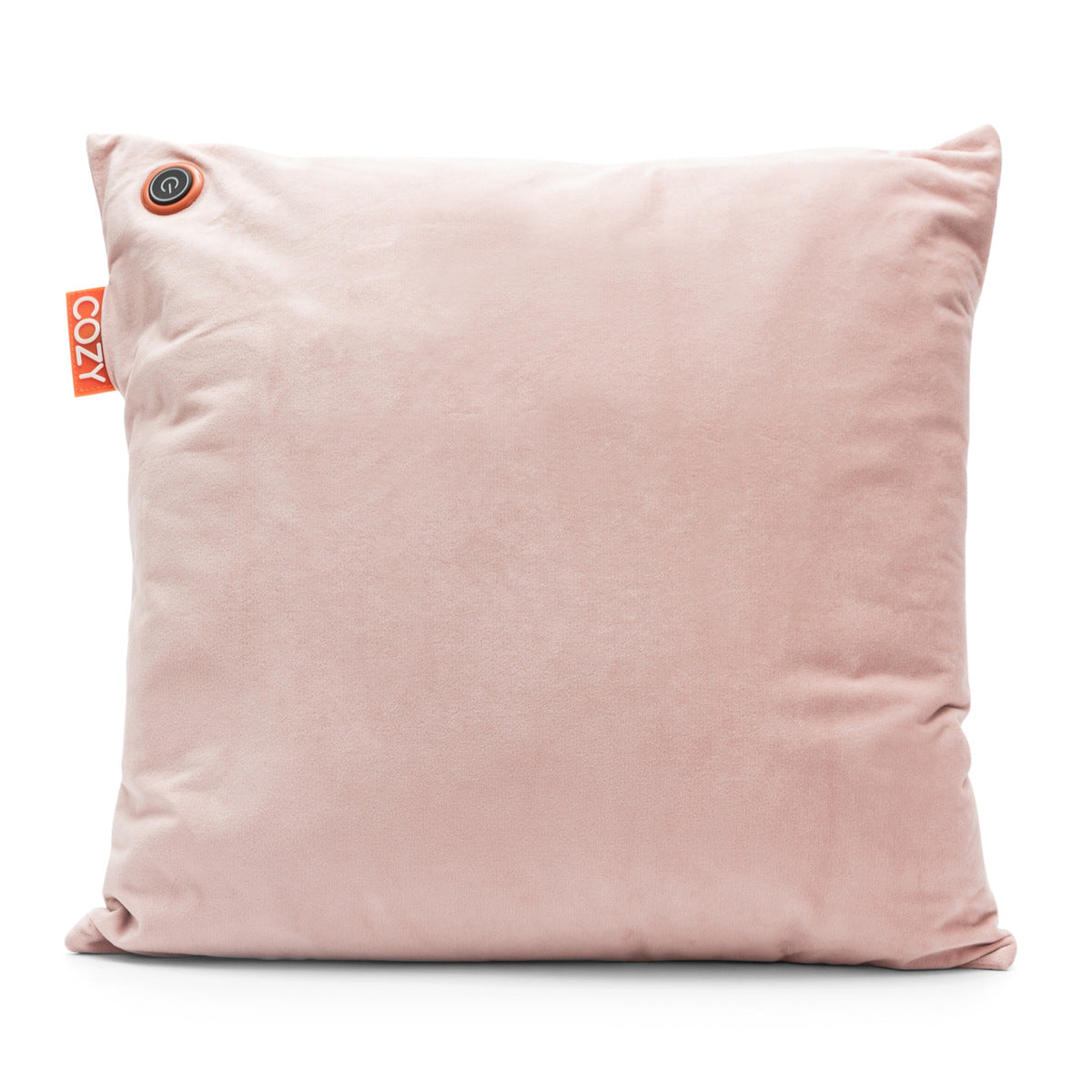 The Cozy Cushion EU COZY Heated Cushion Cordless - UNA Velvet (45cm x 45cm) is a square, light pink velvet rechargeable cushion with an orange COZY tag and a small round button on one corner, shown on a white background.