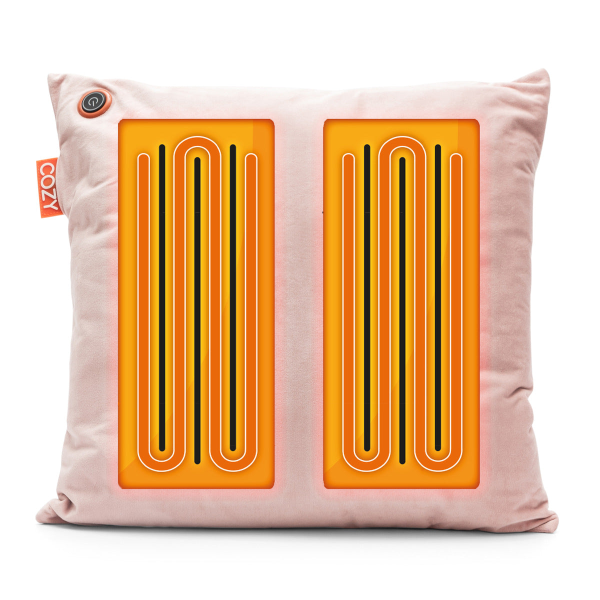 The COZY Heated Cushion Cordless - UNA Velvet (45cm x 45cm) by Cozy Cushion EU features a light pink design, two visible orange heating pads, a top-left power button, and a side orange tag labeled COZY.