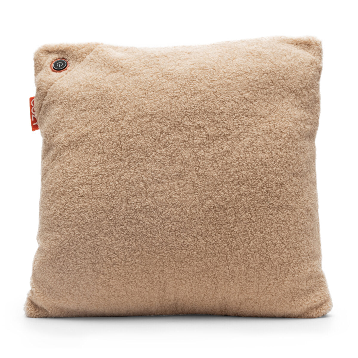 The COZY Heated Cushion Cordless - UNA (45cm x 45cm) by Cozy Cushion EU is a square, beige, fluffy pillow with cordless heated cushion technology and rechargeable battery, featuring a small red tag and button on a plain white background.