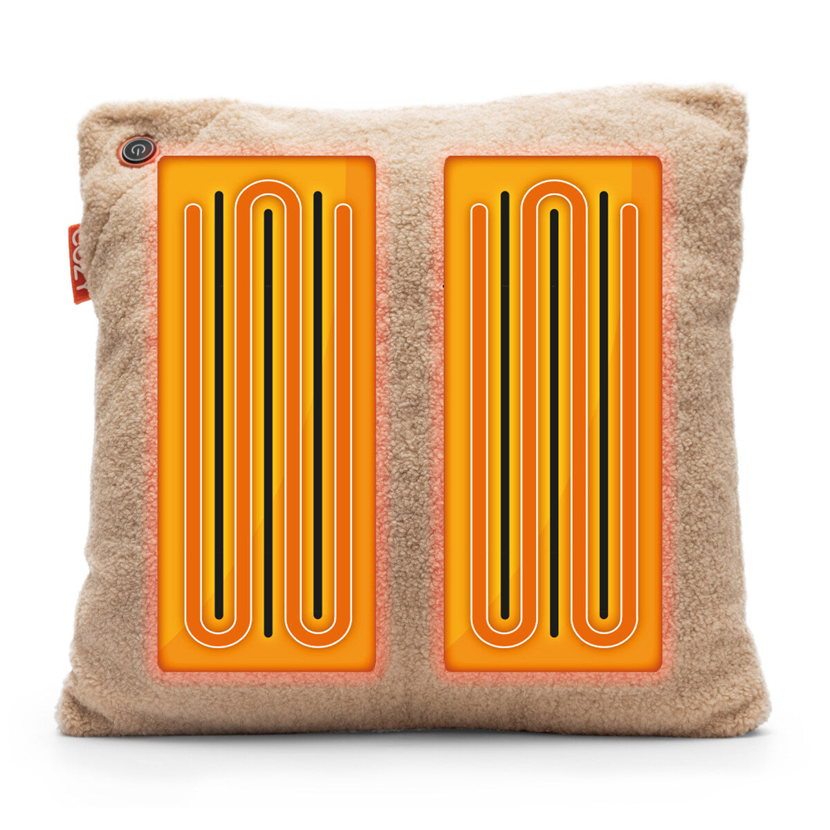 The Cozy Cushion EU COZY Heated Cushion Cordless - UNA Woolly (45cm x 45cm) is a square beige cushion with two visible orange infrared pads, black heating coils inside, and a small power button on one corner.