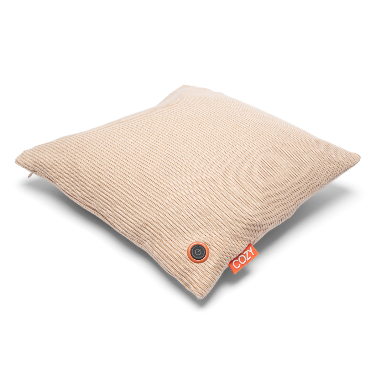 The COZY Heated Cushion Cordless - UNA Knitted by Cozy Cushion EU is a beige, ribbed square heated cushion (45cm x 45cm) with a small circular button and an orange COZY tag in one corner, shown on a white background.