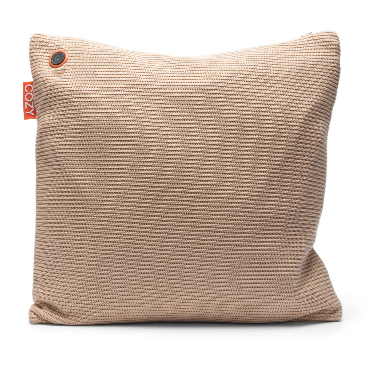 The COZY Heated Cushion Cordless - UNA Knitted (45cm x 45cm) by Cozy Cushion EU features a beige ribbed texture, a small orange COZY tag, and a round button in the top left corner, shown on a white background.