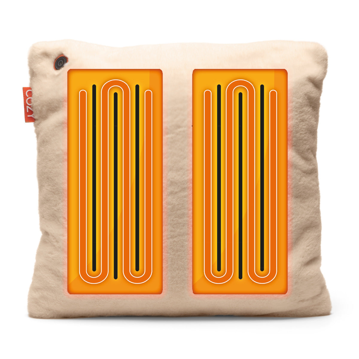 The COZY Heated Cushion Cordless - UNA Faux Fur (45cm x 45cm) by Cozy Cushion EU is a square beige cushion with a red side tag and two visible orange infrared heating panels featuring black circuit-like lines on the front.
