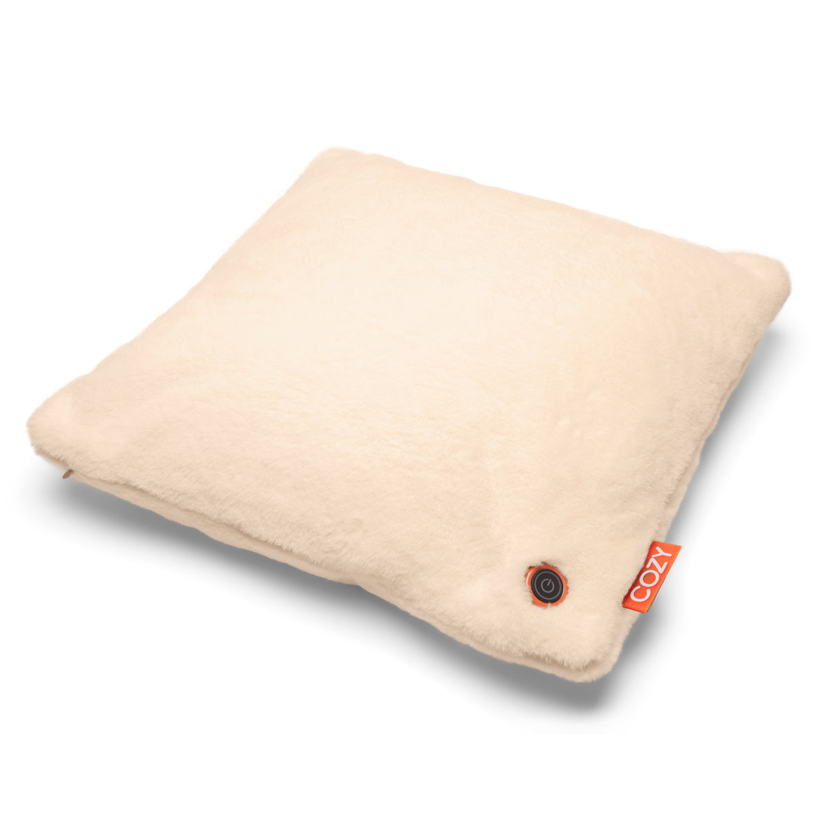 The COZY Heated Cushion Cordless - UNA Faux Fur by Cozy Cushion EU is a cream-colored, square (45cm x 45cm) plush cushion with a small circular button and a red COZI tag at one corner, displayed on a white background.