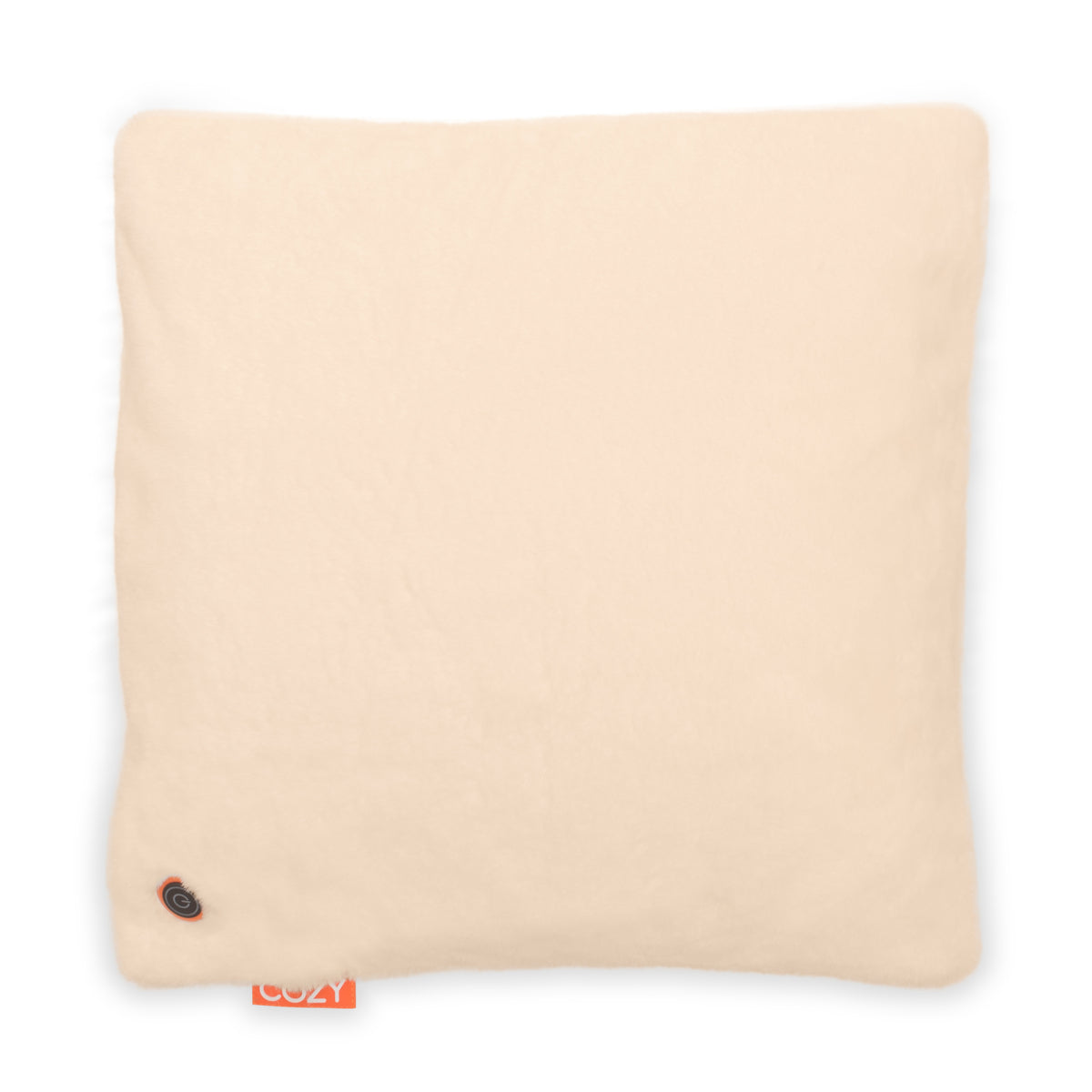 The COZY Heated Cushion Cordless - UNA Faux Fur by Cozy Cushion EU is a 45cm x 45cm square, light beige heated cushion with a small black button and orange COZY tag, featuring soft fabric and soothing infrared warmth.