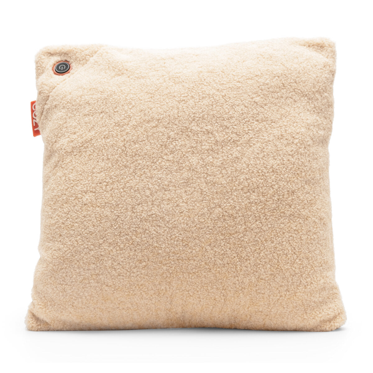 The COZY Heated Cushion Cordless - UNA by Cozy Cushion EU is a square, beige fleece pillow (45cm x 45cm) with a soft, textured surface, a small brown button, and a red fabric tag in the top left corner, shown on a white background.