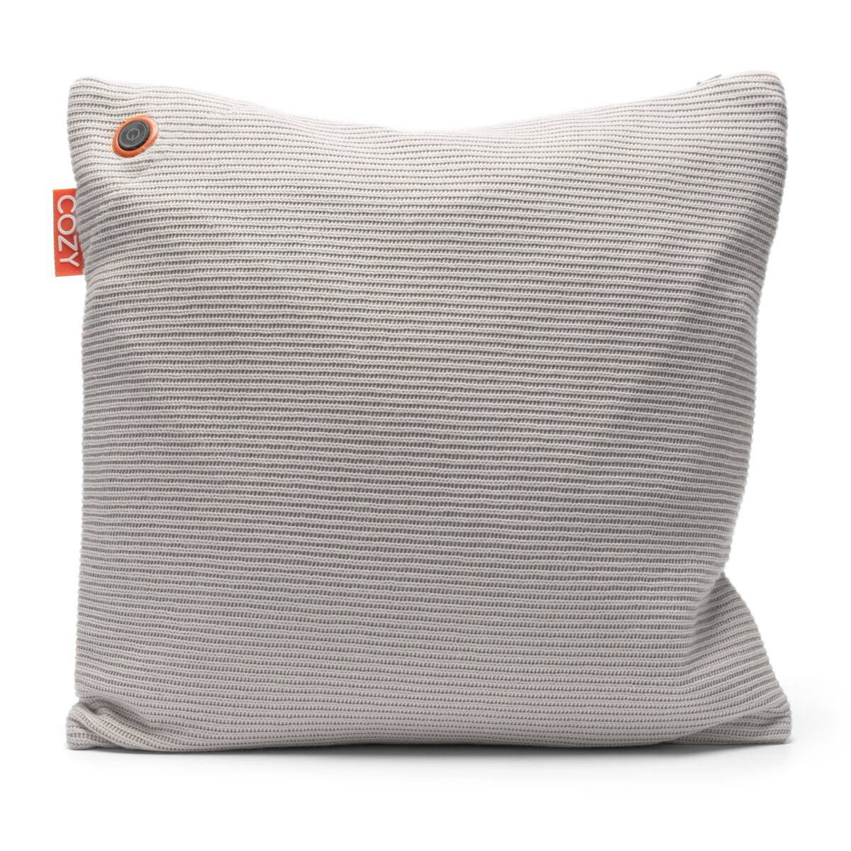 The COZY Heated Cushion Cordless - UNA Knitted by Cozy Cushion EU is a 45cm x 45cm light gray, textured square cushion with an orange COZY tag and brown button in the top left corner, shown on a white background.