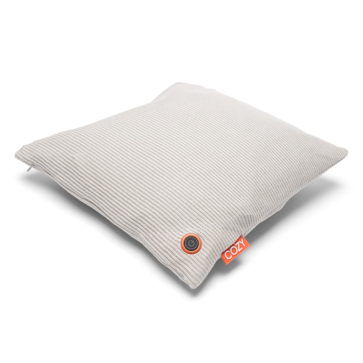 The COZY Heated Cushion Cordless - UNA Knitted (45cm x 45cm) by Cozy Cushion EU is a light gray textured cushion, rechargeable and heated, featuring a small round button and an orange COZY tag on one corner.