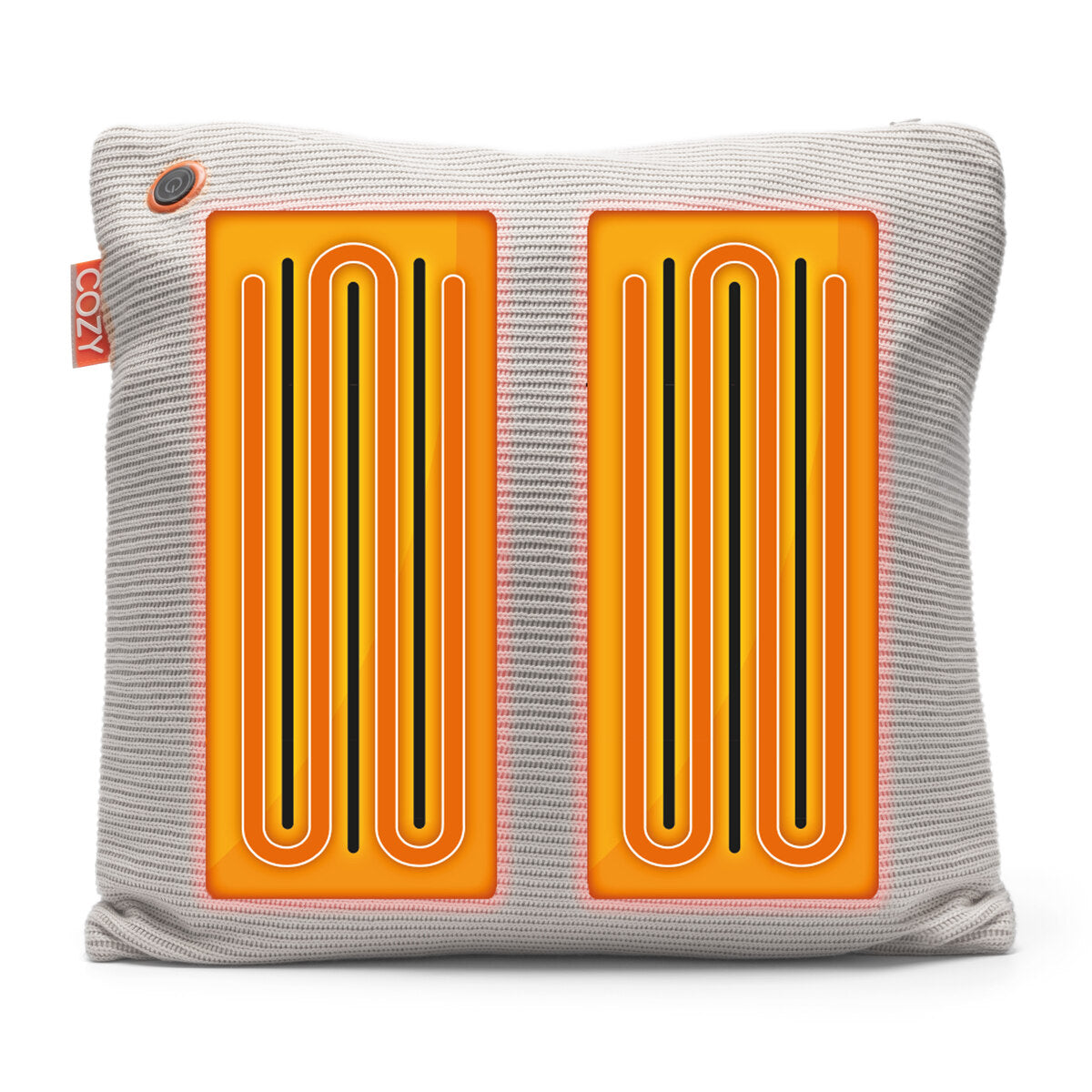 The COZY Heated Cushion Cordless - UNA Knitted (45cm x 45cm) by Cozy Cushion EU is a square, light gray cushion with a textured surface, two orange rectangular heating elements on the front, and a Cozy brand tag on the side.