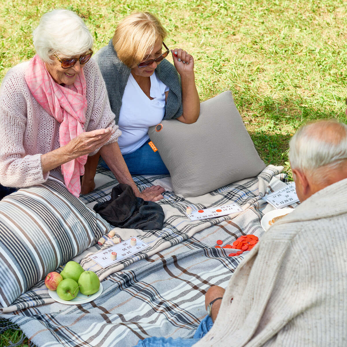 Three older adults play dominoes and share apples and carrots on a picnic blanket. One man, using the Cozy Cushion EU COZY Heated Cushion Cordless - UNA Knitted (45cm x 45cm), smiles warmly across from two cheerful women.