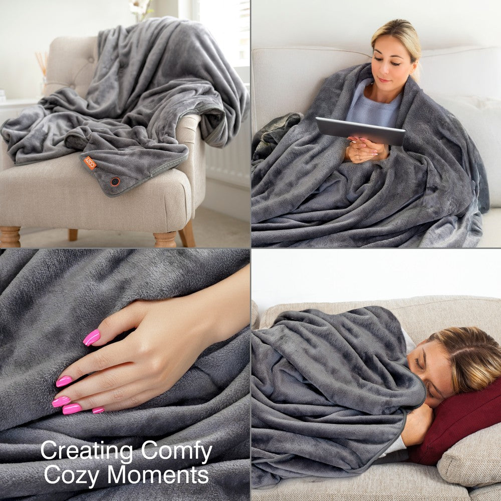 Four images show a woman with the Cozy Cushion EU Cozy Wireless Rechargeable Snuggle Blanket Heated Throw: draped over a chair, reading on a couch, close-up of her hand touching it, and sleeping under it, with text Creating Comfy Cozy Moments.