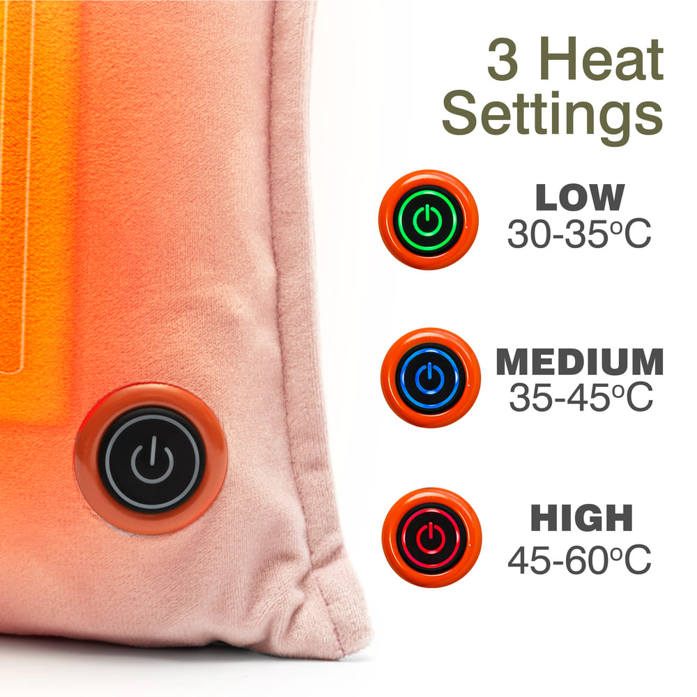 Close-up of the UNA Rechargeable Hot Water Bottle by Cozy Cushion EU, showing a power button. Three labeled heat settings—Low (green), Medium (blue), and High (red)—provide wireless warmth from 30–60°C. Text reads 3 Heat Settings.