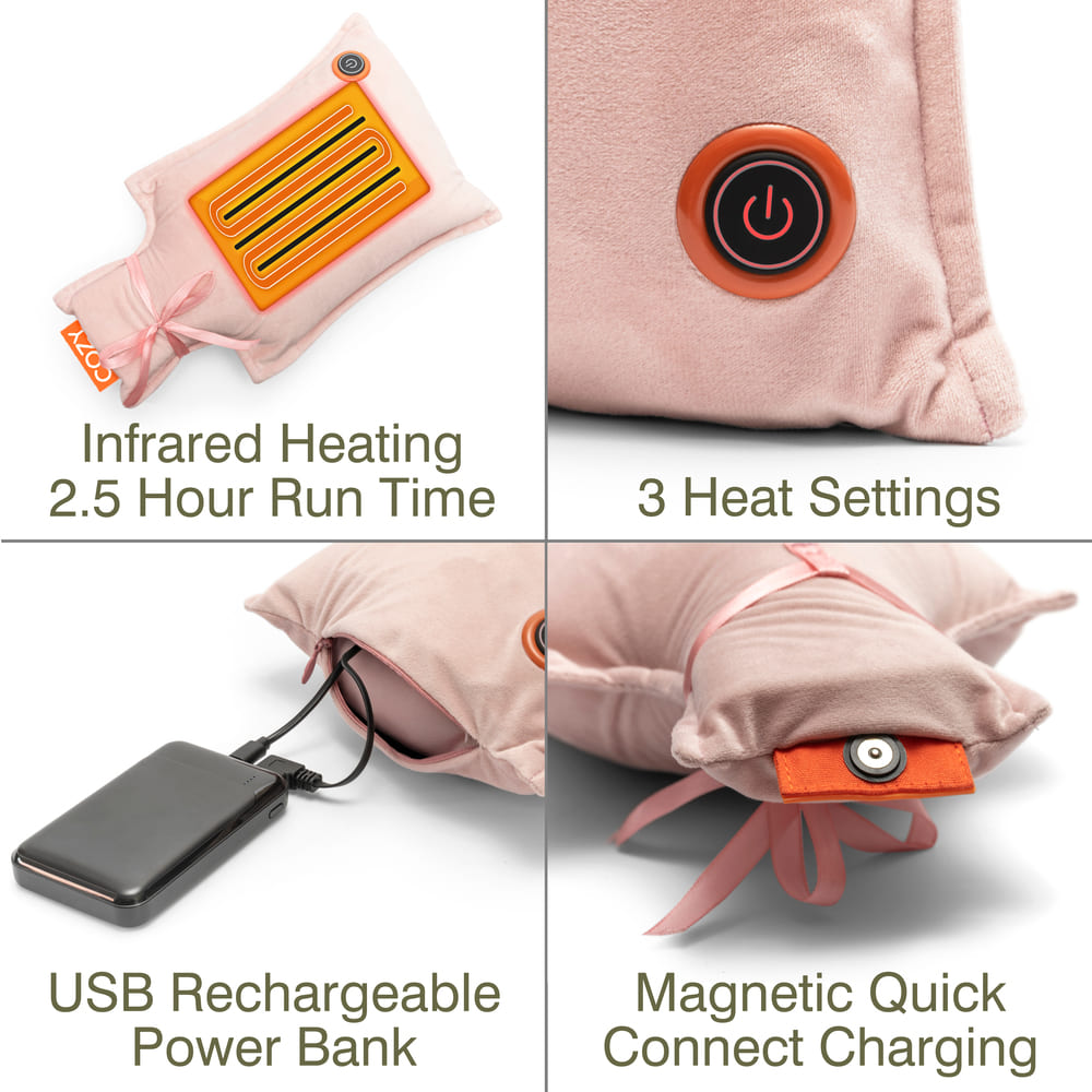 Collage of the UNA Rechargeable Hot Water Bottle by Cozy Cushion EU, featuring infrared heating (2.5-hour run time), three heat settings with a power button, USB rechargeable power bank, and magnetic quick connect charging for wireless warmth.