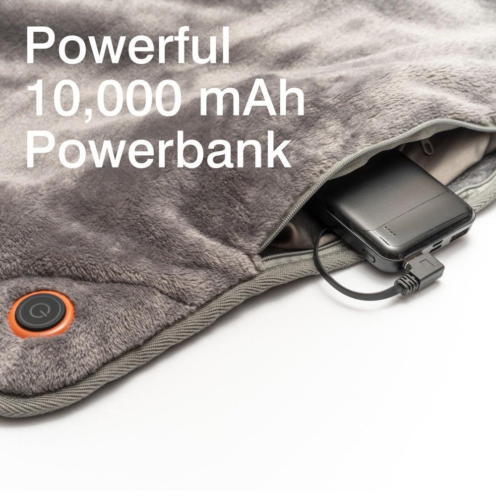 The Cozy Cushion EU Cozy Wireless Rechargeable Snuggle Blanket Heated Throw in gray features a visible pocket holding a black 10,000mAh powerbank (USB-connected), an orange power button, and cordless warmth anywhere.