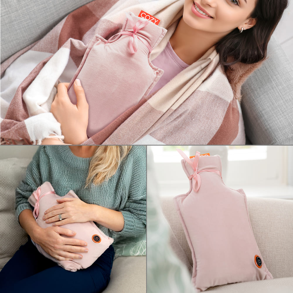 A collage features a woman cuddling the UNA Rechargeable Hot Water Bottle by Cozy Cushion EU, another person holding it to their stomach, and a close-up of its pink COZY cover and brown screw cap for convenient wireless warmth.